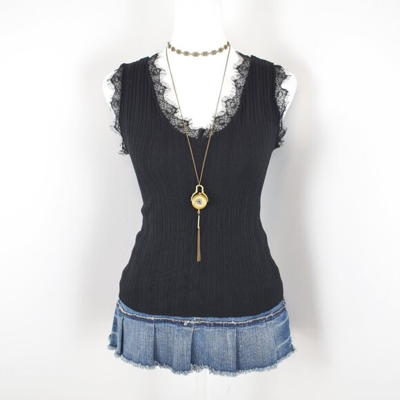 Endless Rose Whimsygoth Black Ribbed Knit Lace Trim Sleeveless Tank Top Size XS - Picture 1 of 5